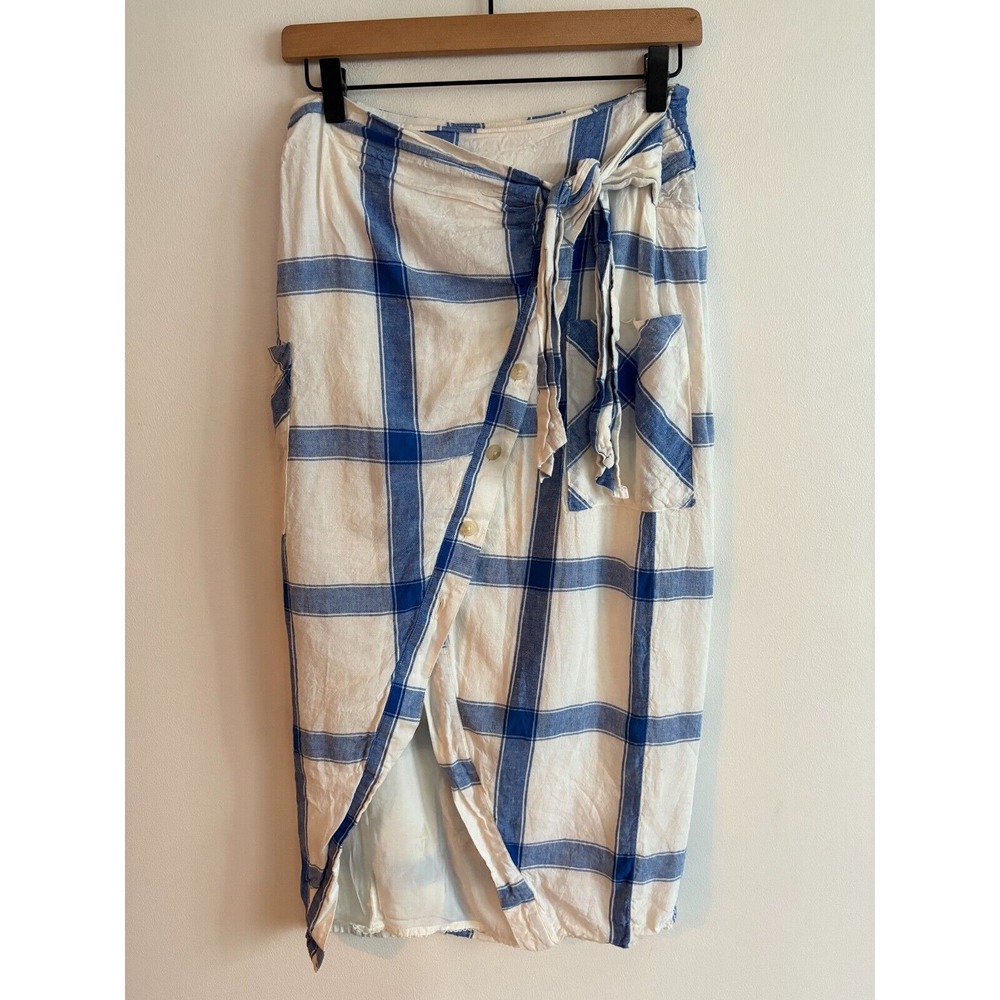 Maeve Plaid Wrap Linen Skirt Anthropologie Asymmetric‎ Button Pocket Size 0 Read